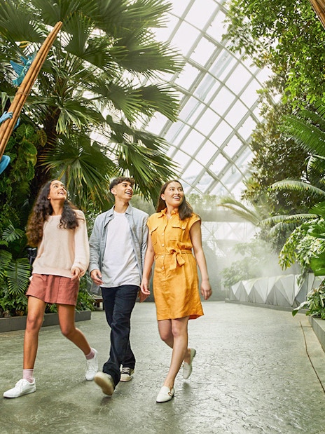 Visitors walking through lush greenery at Gardens by the Bay, Singapore, with Avatar-themed sculptures.