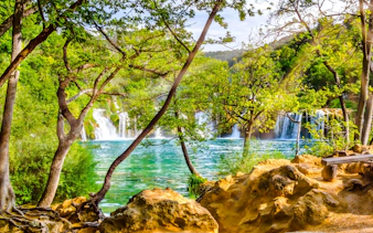 Waterfalls and lush greenery at Krka National Park, Croatia.