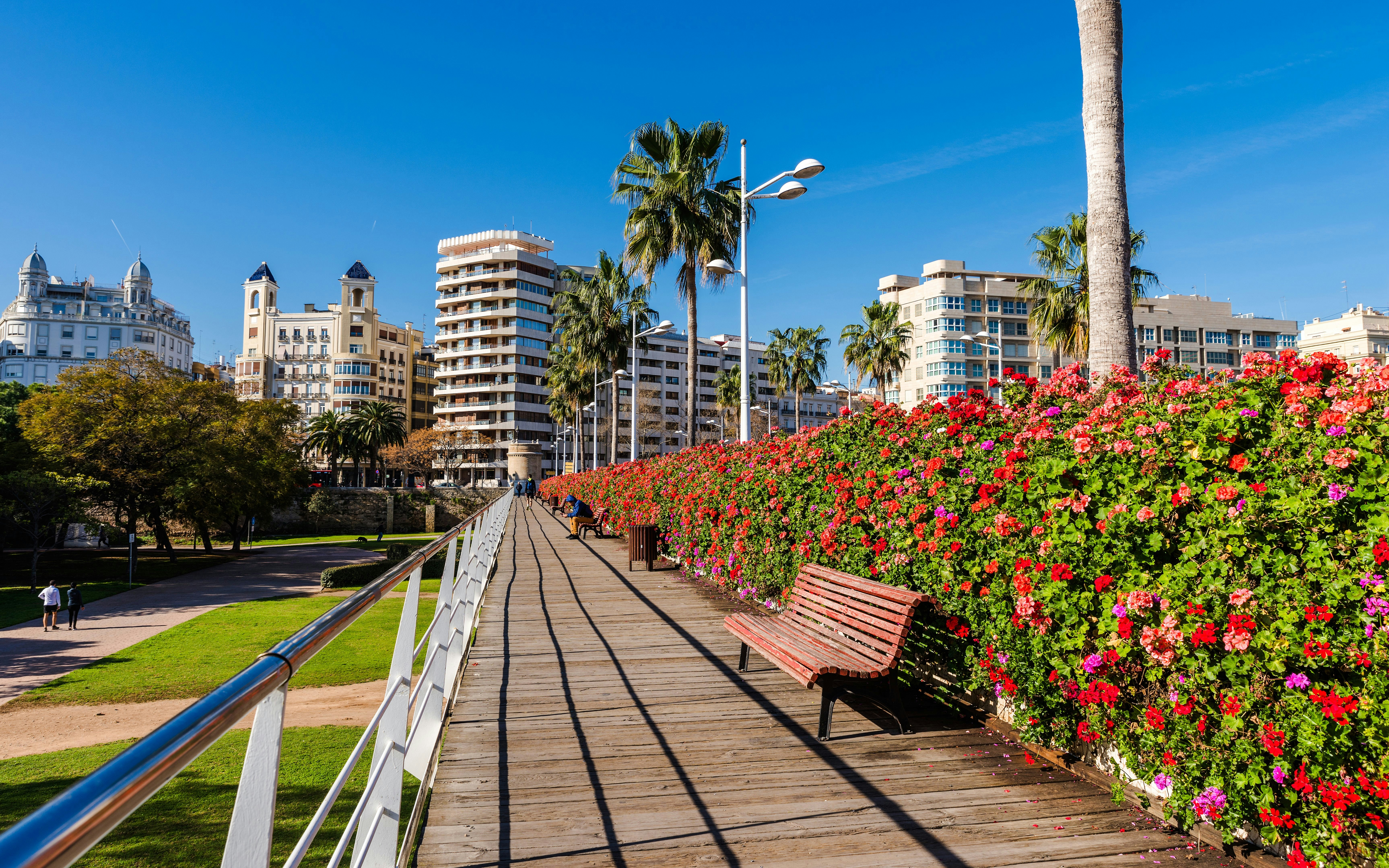 Puente de las Flores Bridge in Valencia with vibrant flowers and cityscape in the background.