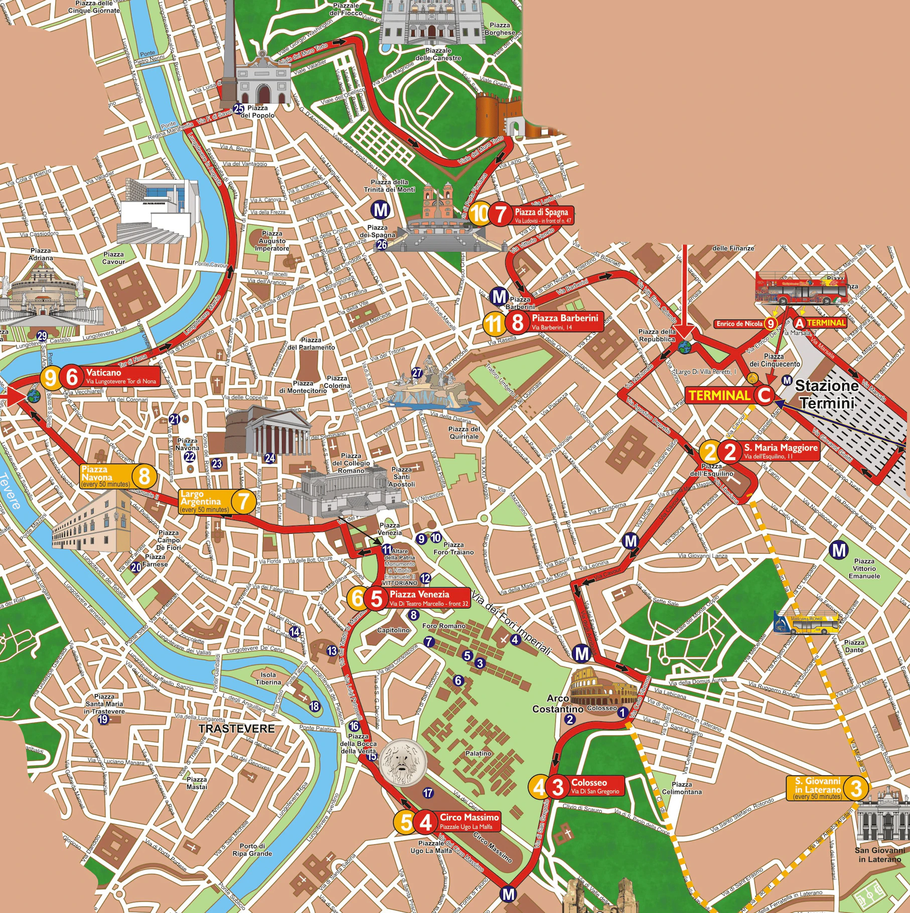 City Sightseeing Rome Night Tour map with landmarks like Vatican, Colosseum, and Piazza Navona.