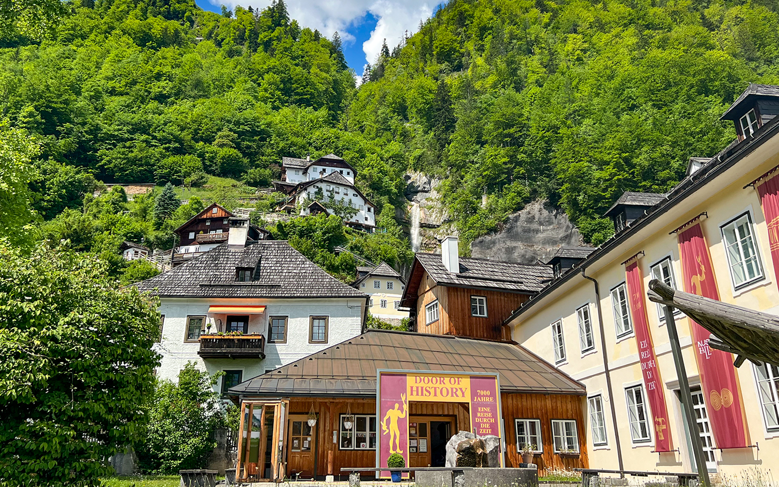 Hallstatt village buildings with lush green hills, seen on a day trip from Vienna.