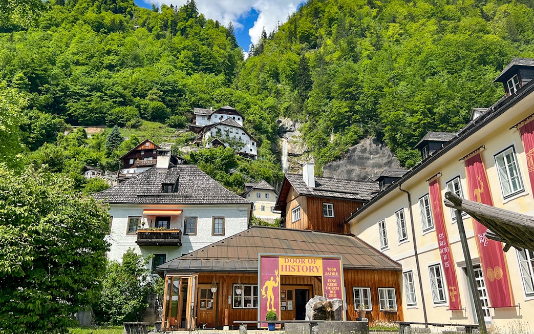 Hallstatt village buildings with lush green hills, seen on a day trip from Vienna.