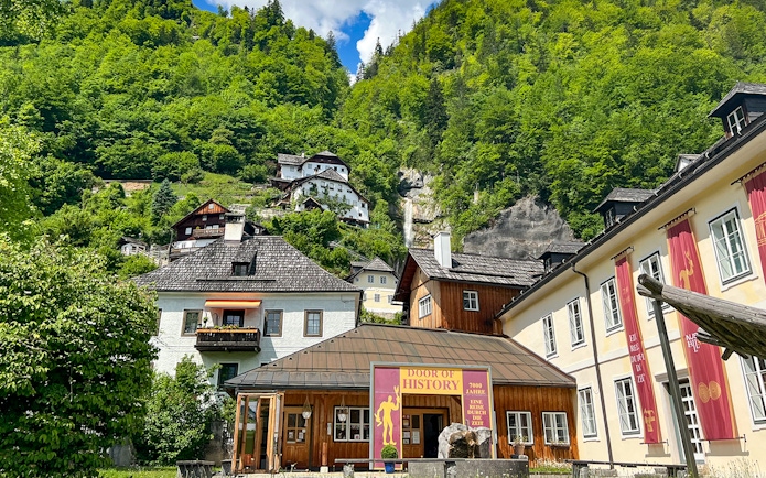 Hallstatt village buildings with lush green hills, seen on a day trip from Vienna.