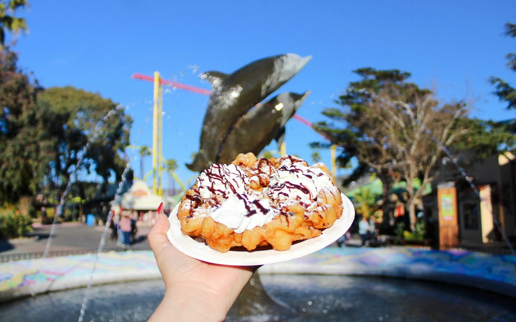 Funnel cake with whipped cream and chocolate at Six Flags Discovery Kingdom.