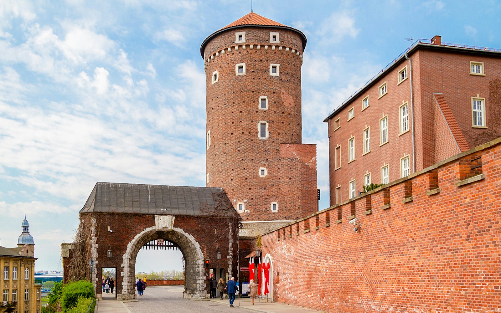 View of the historic Wawel Royal Castle Sandomierz Tower gate in Krakow, Poland, a popular tourist attraction for history enthusiasts