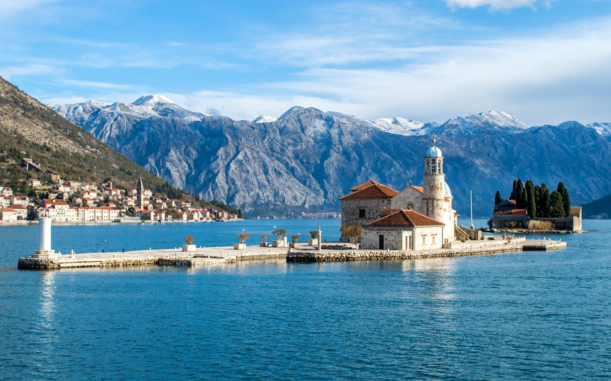 Our Lady of the Rocks island with church, Kotor Bay, Montenegro, during small group tour.