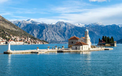 Our Lady of the Rocks island with church, Kotor Bay, Montenegro, during small group tour.