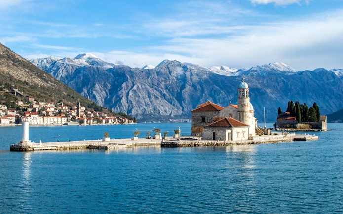 Our Lady of the Rocks island with church, Kotor Bay, Montenegro, during small group tour.