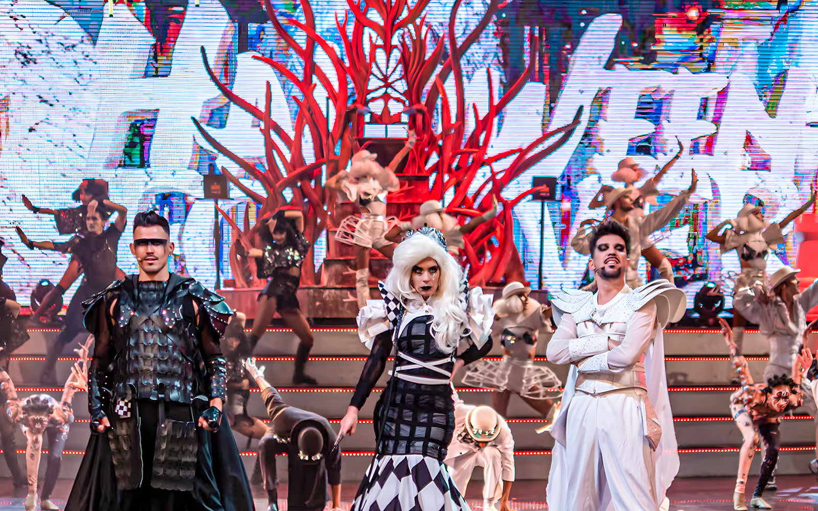 Port Aventura Halloween Factory show with performers in spooky costumes on stage.