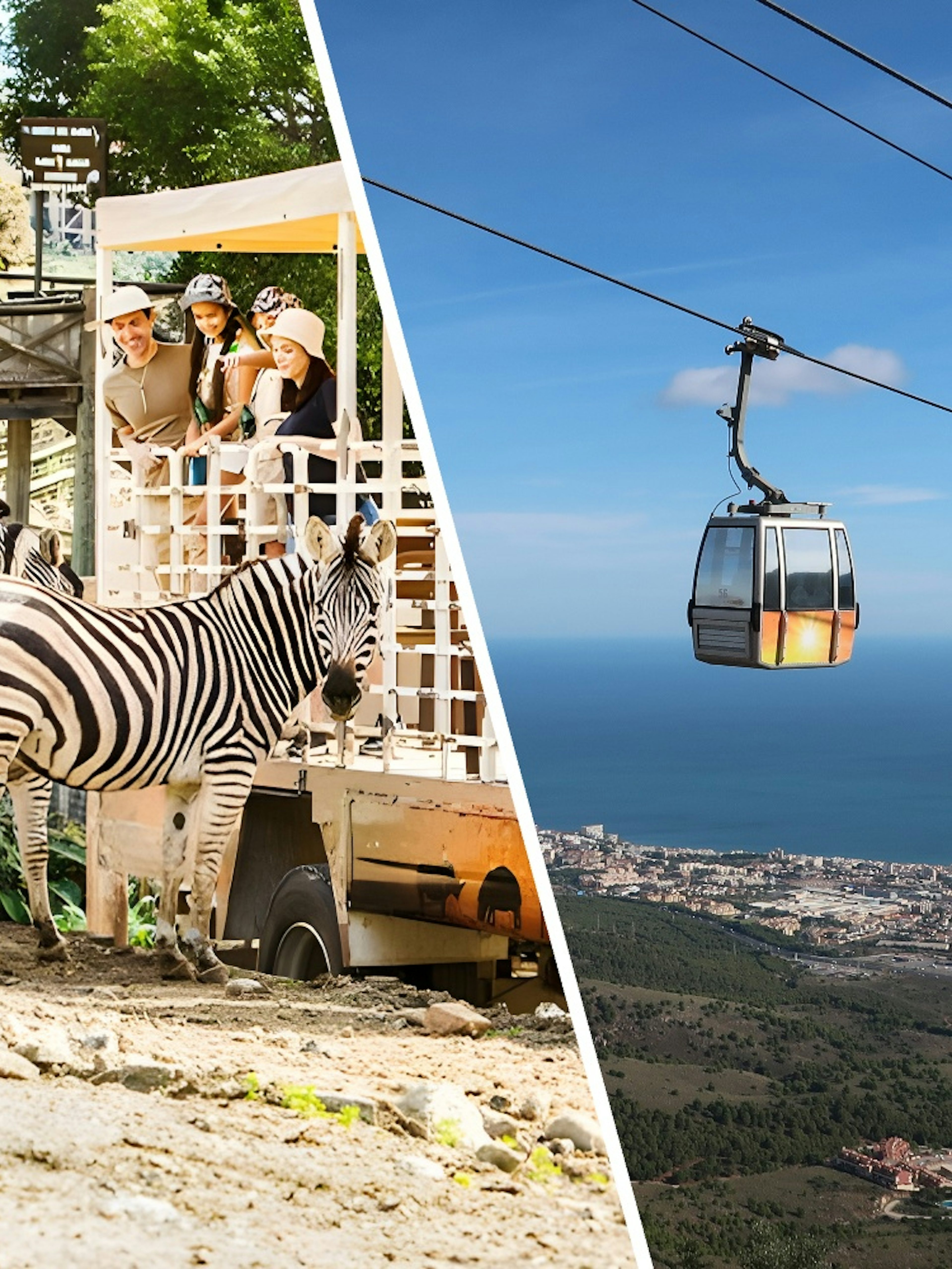 Zebras at Selwo Aventura park and Benalmadena Cable Car over Estepona, Spain.