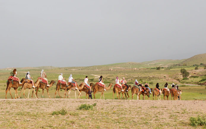 Camel ride through Agafay desert landscape during safari lunch tour.