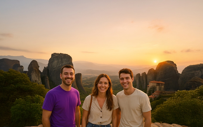 Group at Meteora with monasteries and rock formations at sunset.