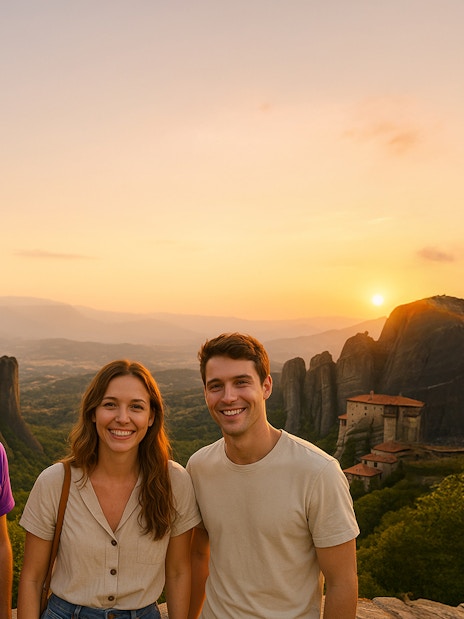 Group at Meteora with monasteries and rock formations at sunset.