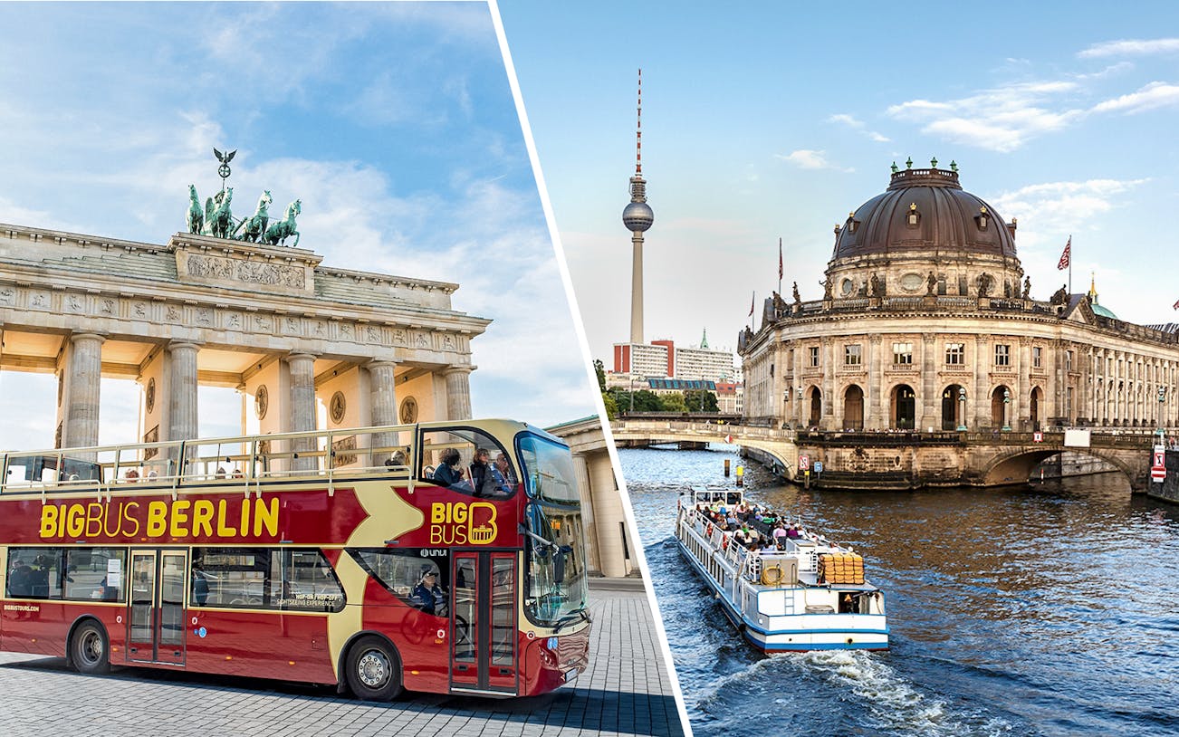 Hop-On Hop-Off bus at Brandenburg Gate and boat on Spree River near Berlin Cathedral.