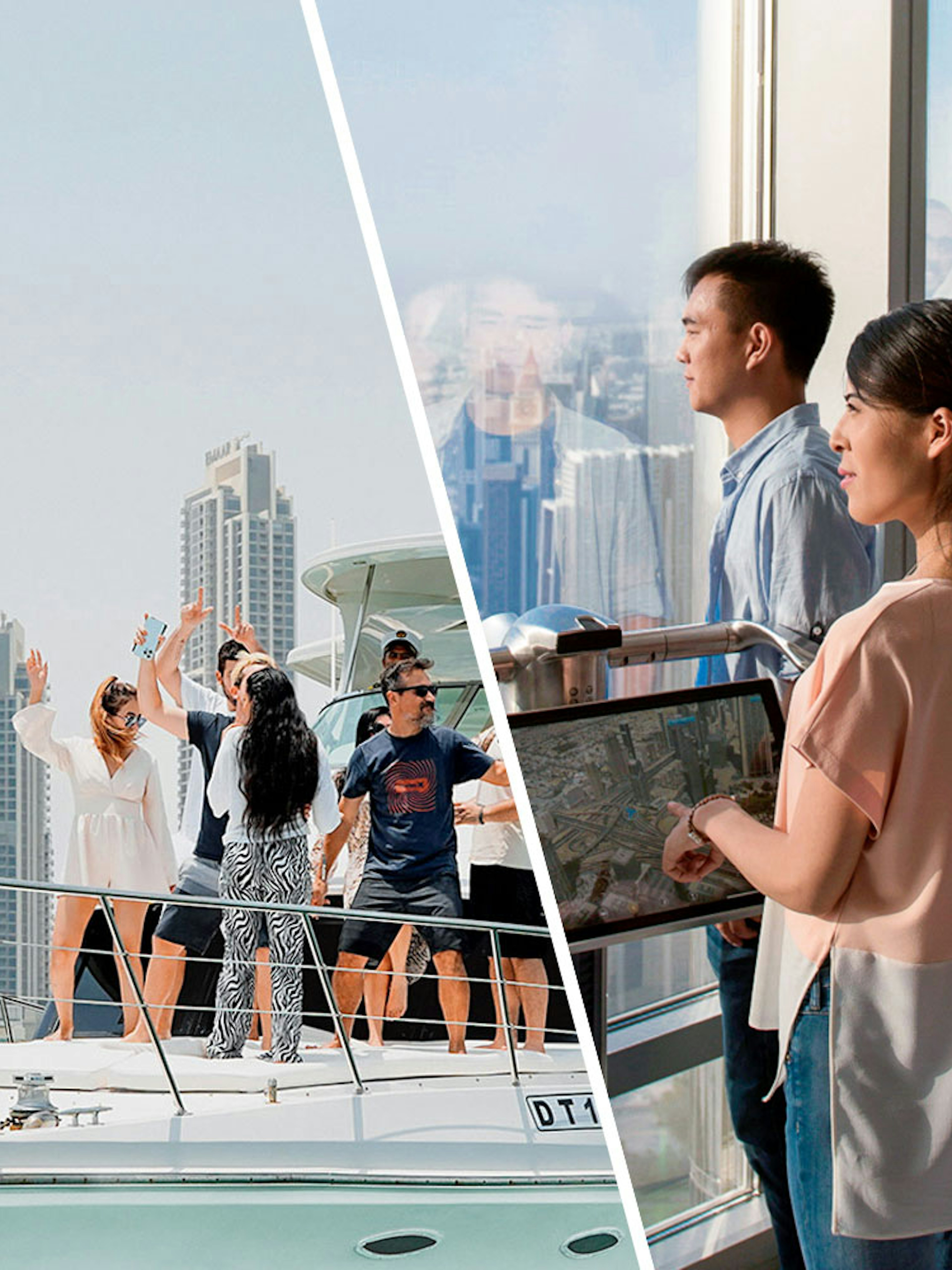 Yacht cruise at Dubai Marina with people enjoying, and visitors at Burj Khalifa observation deck.