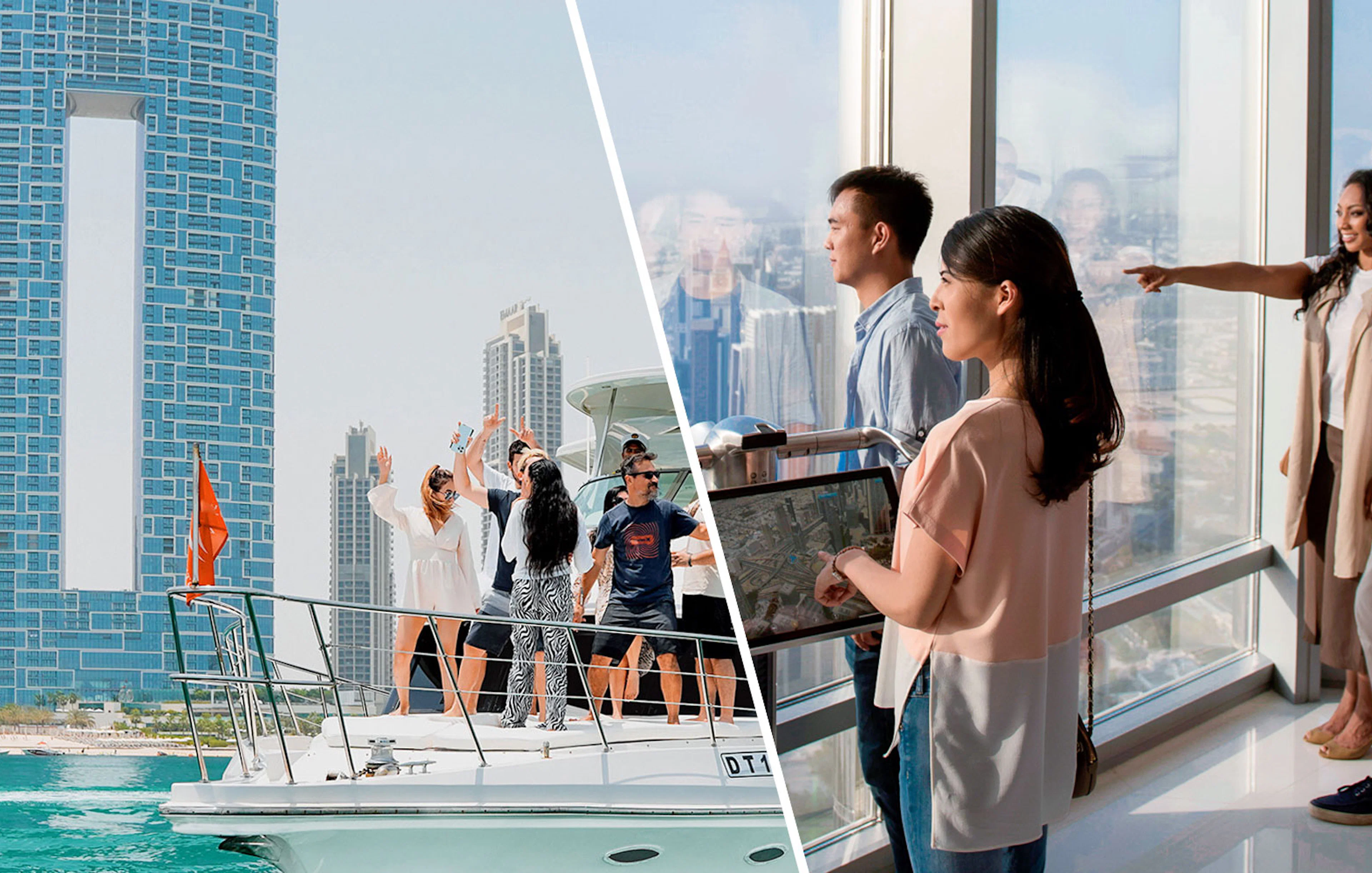 Yacht cruise at Dubai Marina with people enjoying, and visitors at Burj Khalifa observation deck.