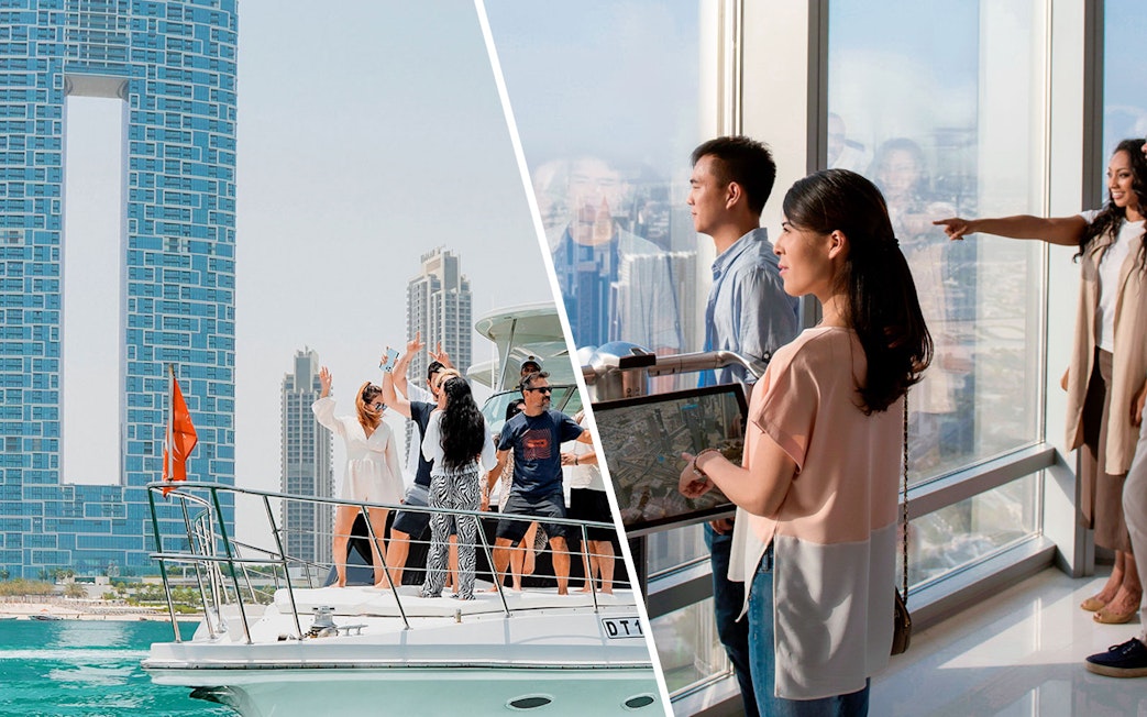 Yacht cruise at Dubai Marina with people enjoying, and visitors at Burj Khalifa observation deck.