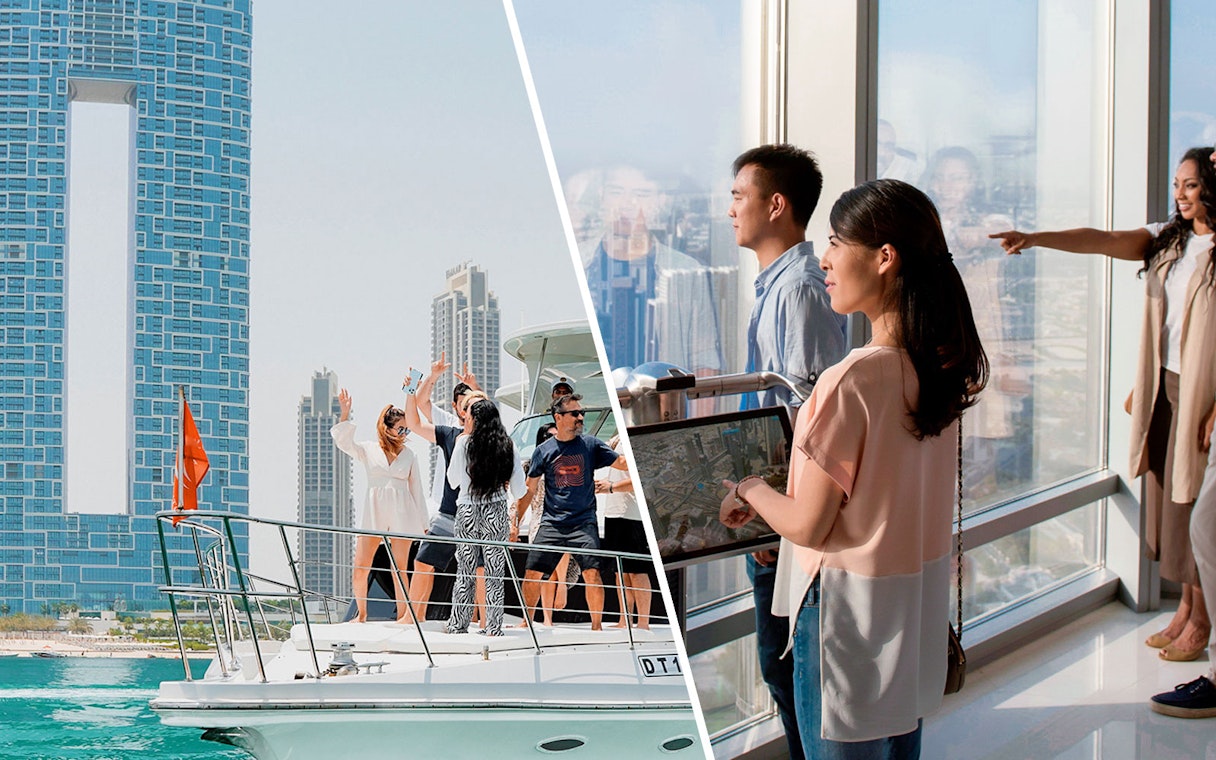Yacht cruise at Dubai Marina with people enjoying, and visitors at Burj Khalifa observation deck.