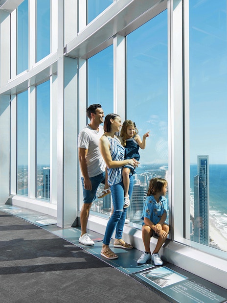 Family enjoying ocean views from SkyPoint Observation Deck, Gold Coast.