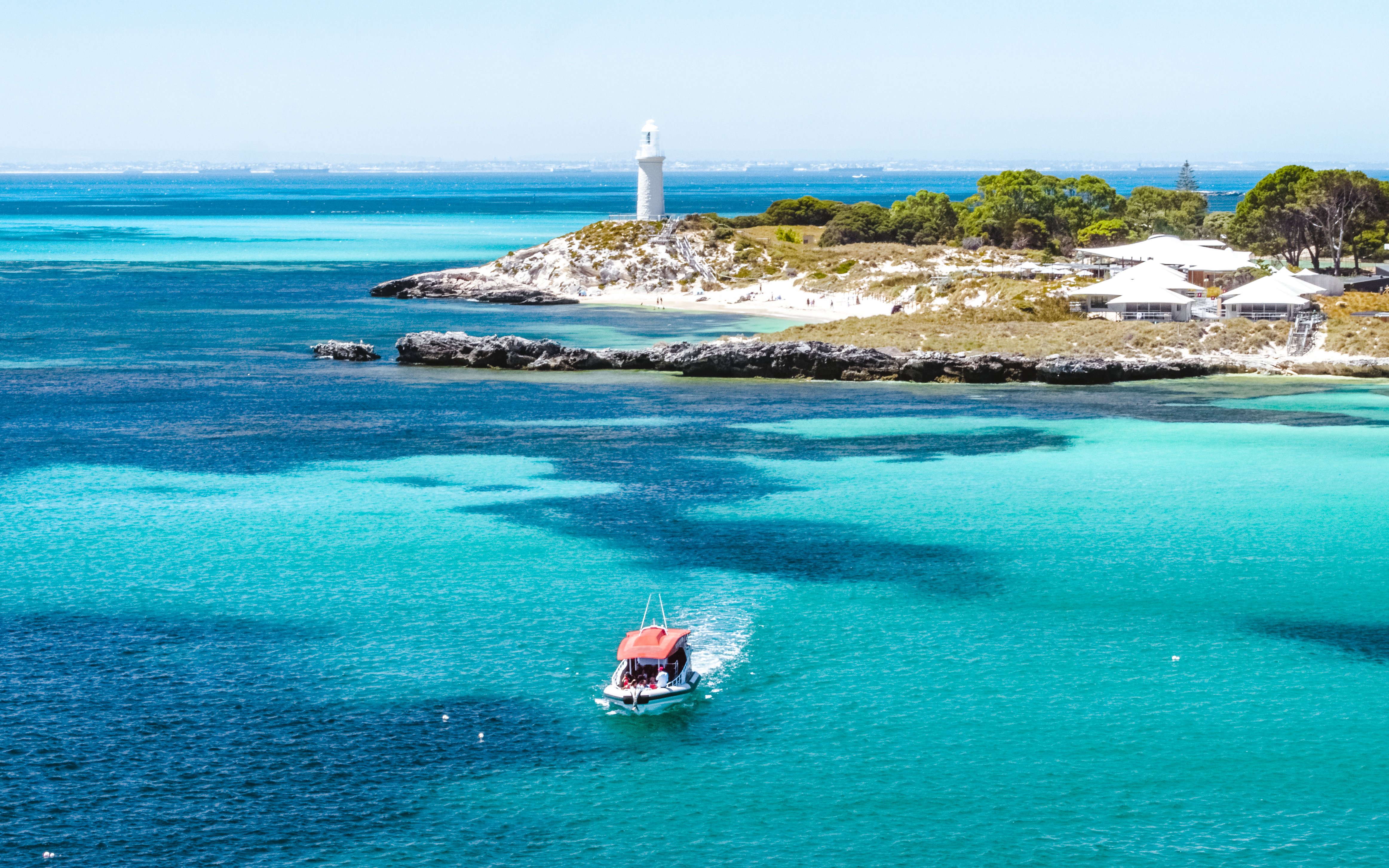 #Snorkel tour boat near Rottnest Island lighthouse, turquoise waters, Perth/Fremantle.
