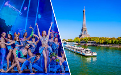 Paradis Latin performers in vibrant costumes and a Seine River cruise near the Eiffel Tower.