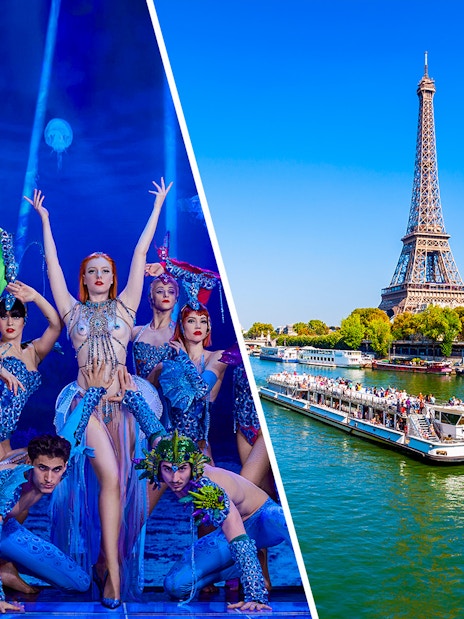 Paradis Latin performers in vibrant costumes and a Seine River cruise near the Eiffel Tower.