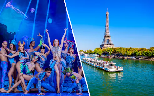 Paradis Latin performers in vibrant costumes and a Seine River cruise near the Eiffel Tower.