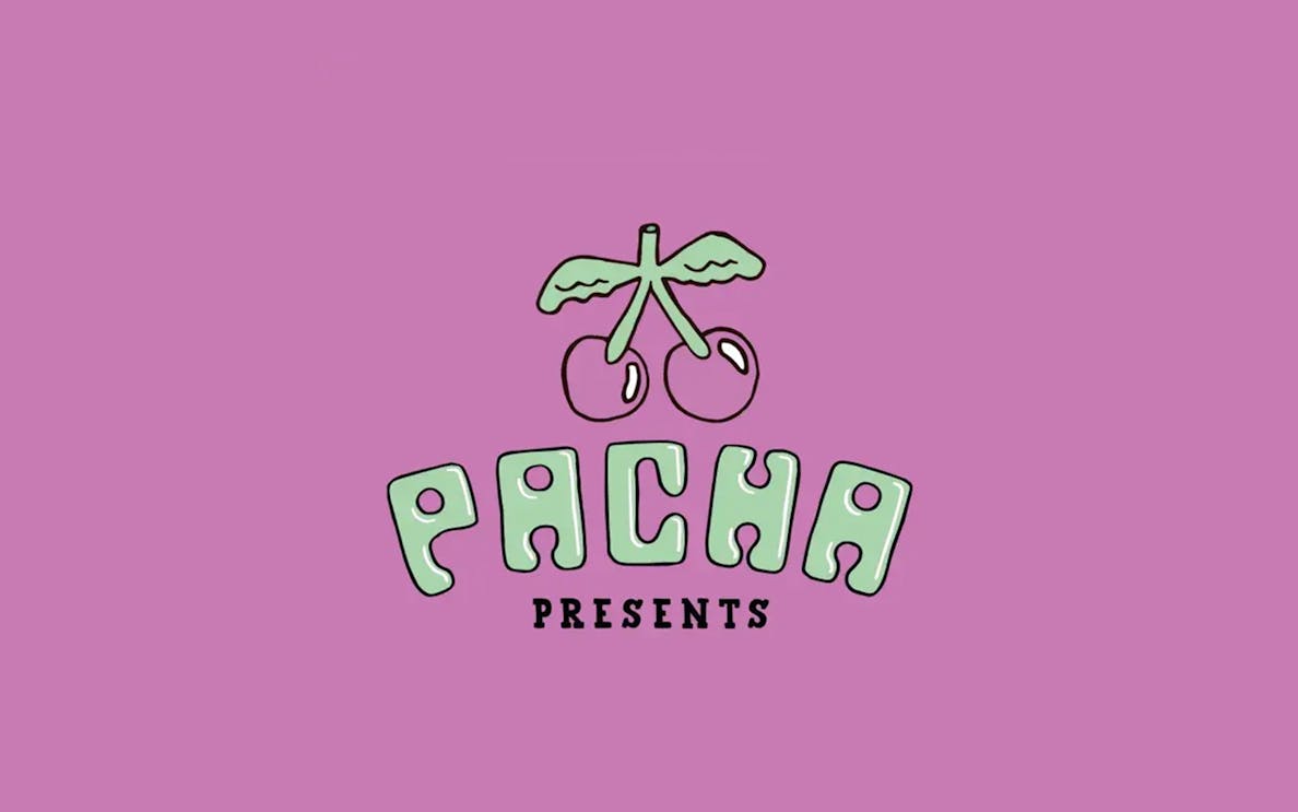 Pacha Ibiza logo with cherries on a pink background.