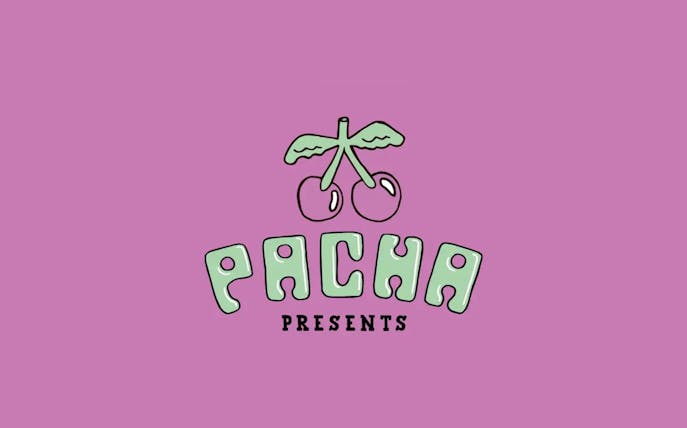 Pacha Ibiza logo with cherries on a pink background.