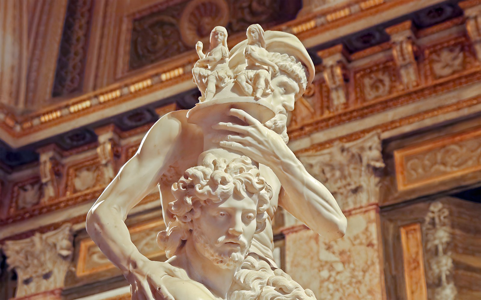 Borghese Gallery statue detail with intricate carvings and classical figures.