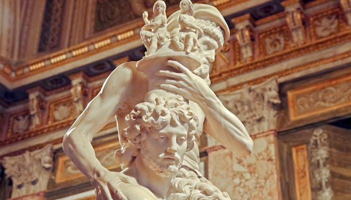 Borghese Gallery statue detail with intricate carvings and classical figures.