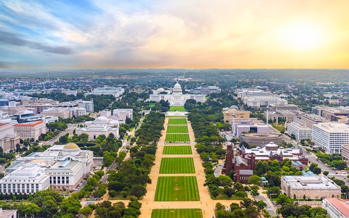 Aerial view of the United States Capitol Building and National Mall in Washington, D.C.