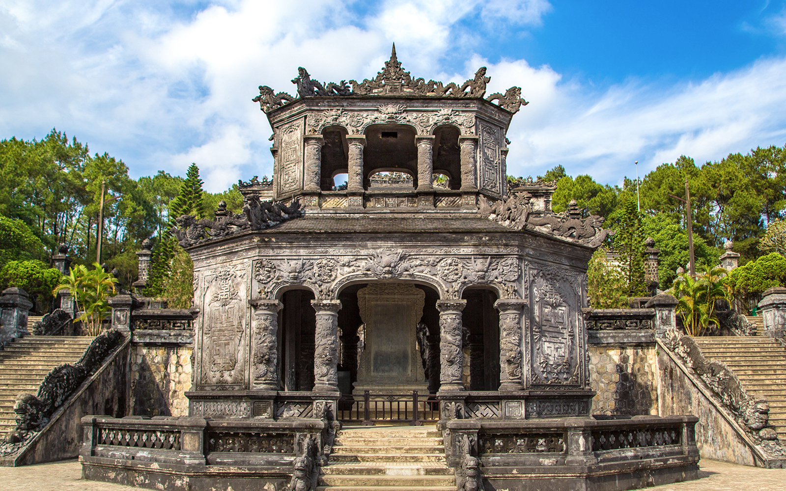 Tomb of Khai Dinh with intricate stone carvings in Hue, Vietnam.