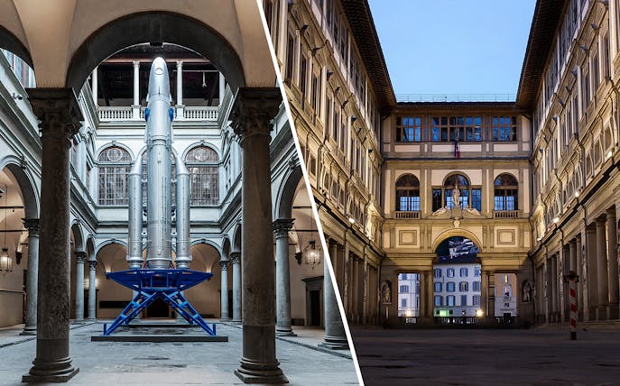 Rocket sculpture in courtyard and Uffizi Gallery exterior in Florence, Italy.