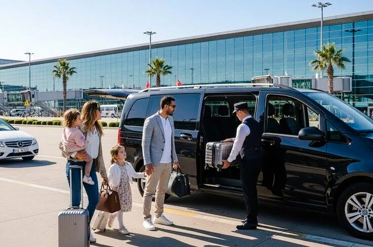 Family using private transfer service at Marrakech Airport with driver loading luggage.