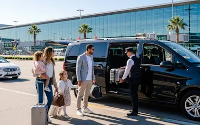 Family using private transfer service at Marrakech Airport with driver loading luggage.
