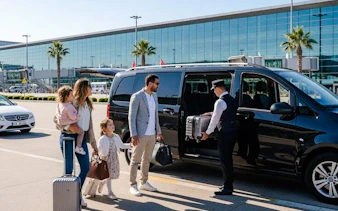 Family using private transfer service at Marrakech Airport with driver loading luggage.