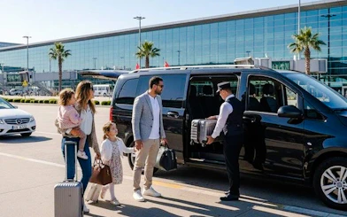 Family using private transfer service at Marrakech Airport with driver loading luggage.