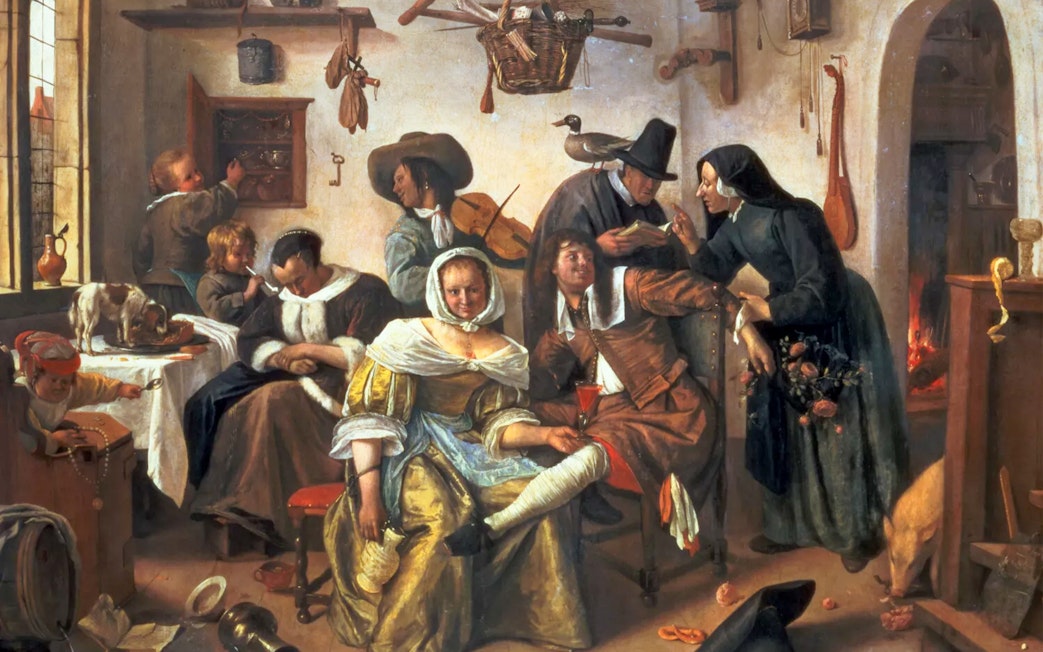 Dutch Masters painting depicting a lively 17th-century tavern scene with people socializing.