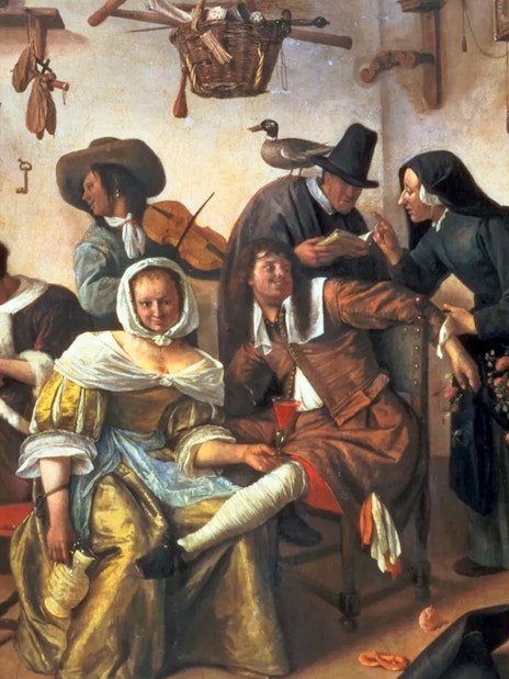 Dutch Masters painting depicting a lively 17th-century tavern scene with people socializing.