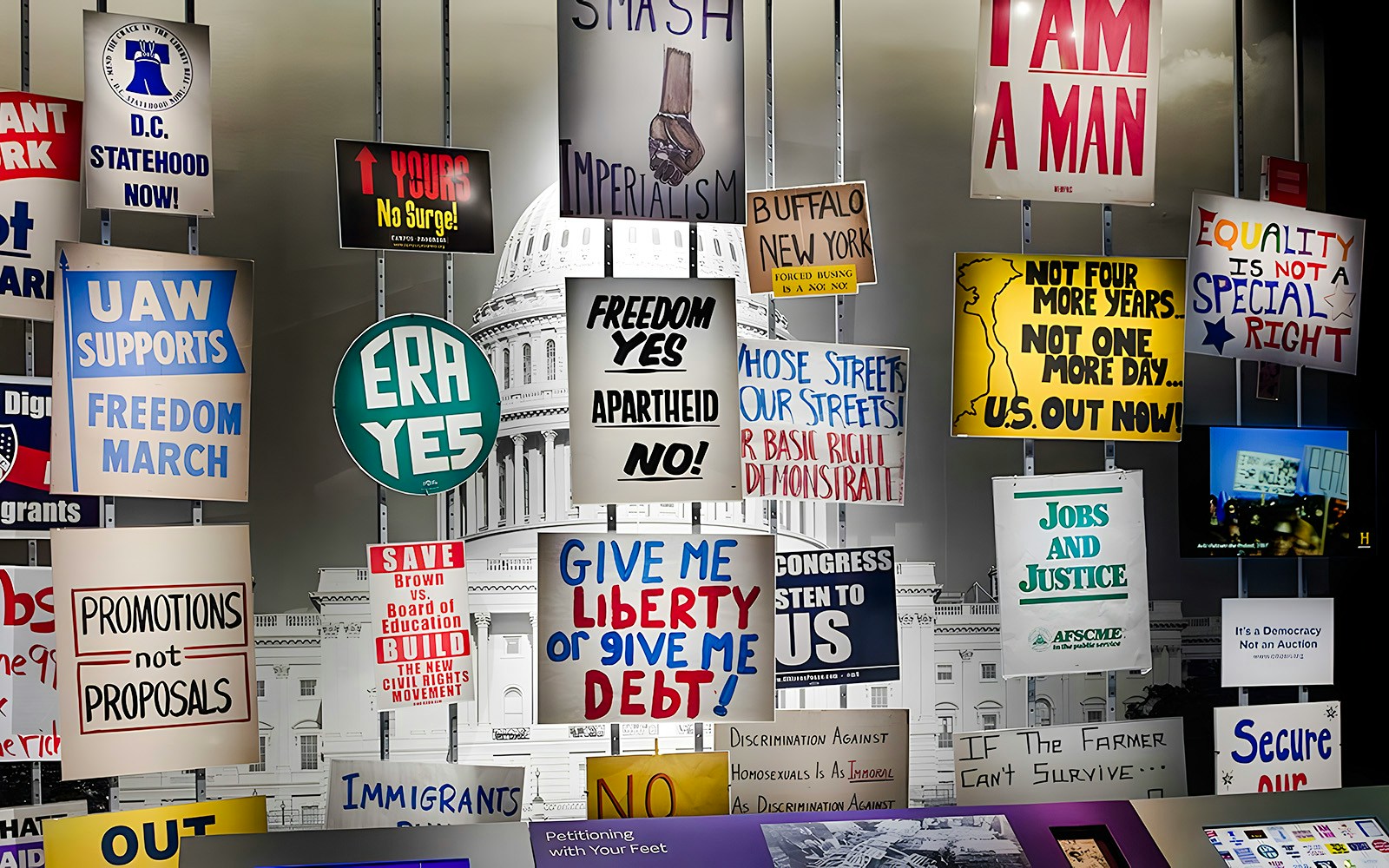 Protest signs exhibit at Smithsonian National Museum of American History.