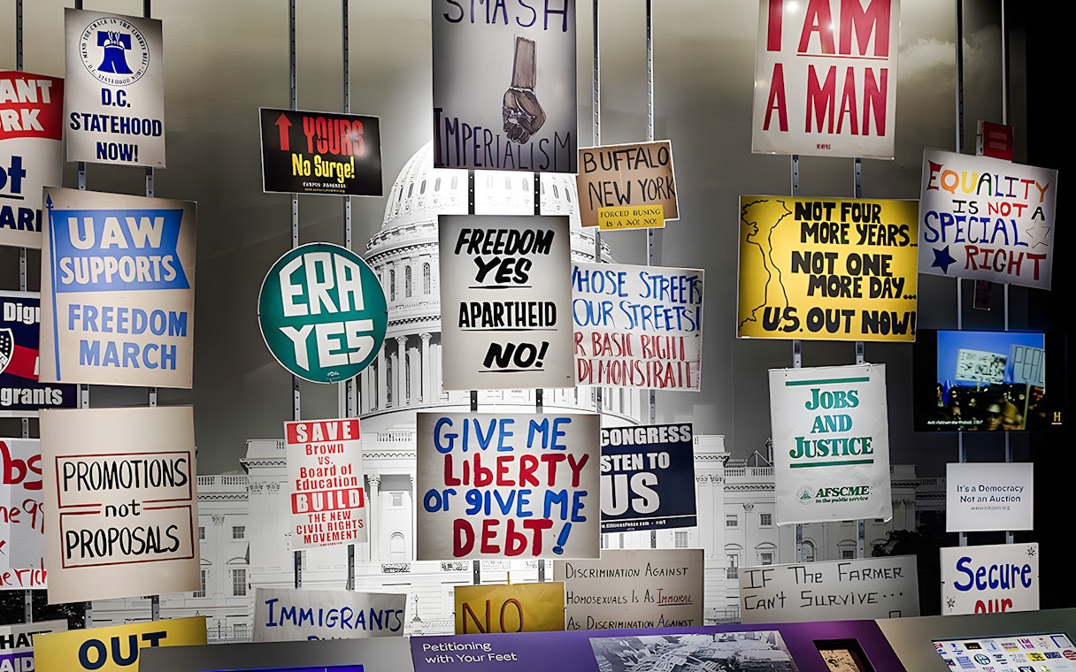 Protest signs exhibit at Smithsonian National Museum of American History.