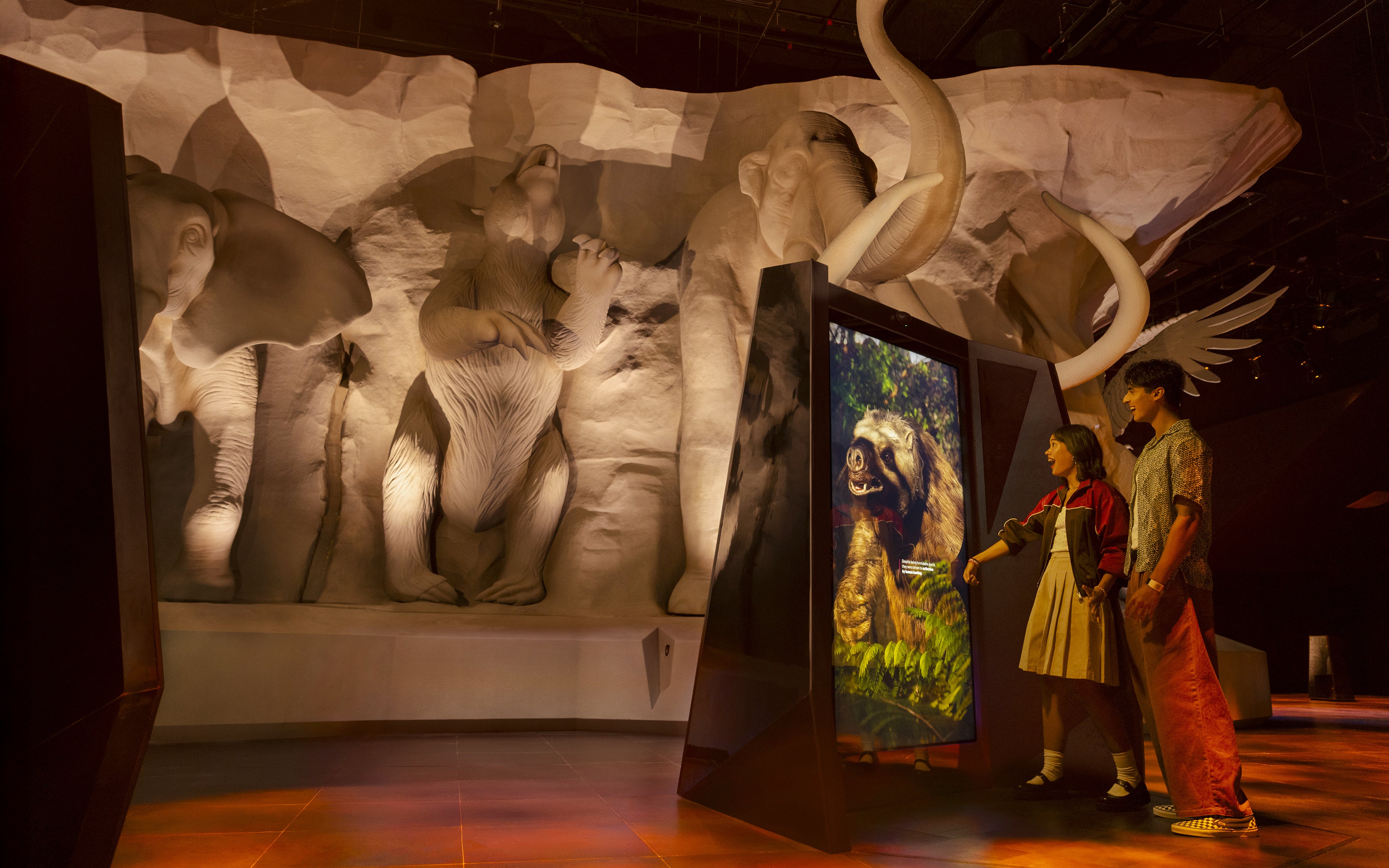 Artificial reality display of prehistoric animals at Exploria, Mandai Wildlife.