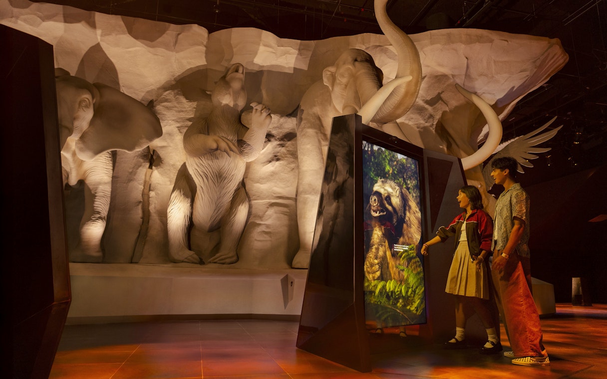 Artificial reality display of prehistoric animals at Exploria, Mandai Wildlife.