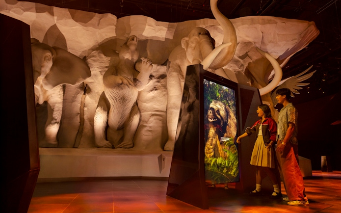 Artificial reality display of prehistoric animals at Exploria, Mandai Wildlife.