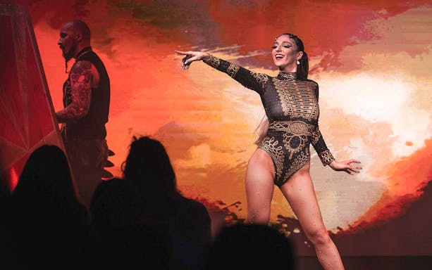Cabaret dancers performing on stage at La Scène Dinner Show, Prague.
