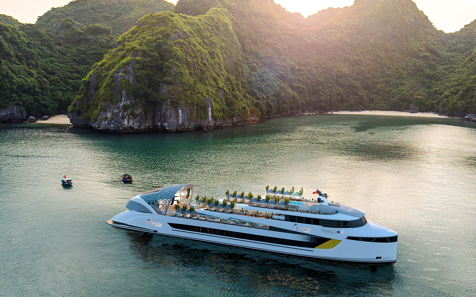 Luxury cruise ship in Halong Bay with karst formations at sunset.