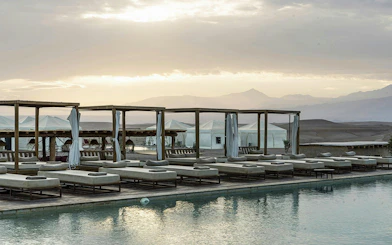 From Marrakesh: Sunset Agafay Desert Luxury Camp Experience with 3-Course Dinner, Pool Access & Dinner Show