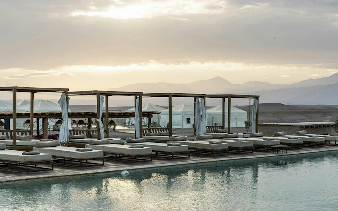 From Marrakesh: Sunset Agafay Desert Luxury Camp Experience with 3-Course Dinner, Pool Access & Dinner Show