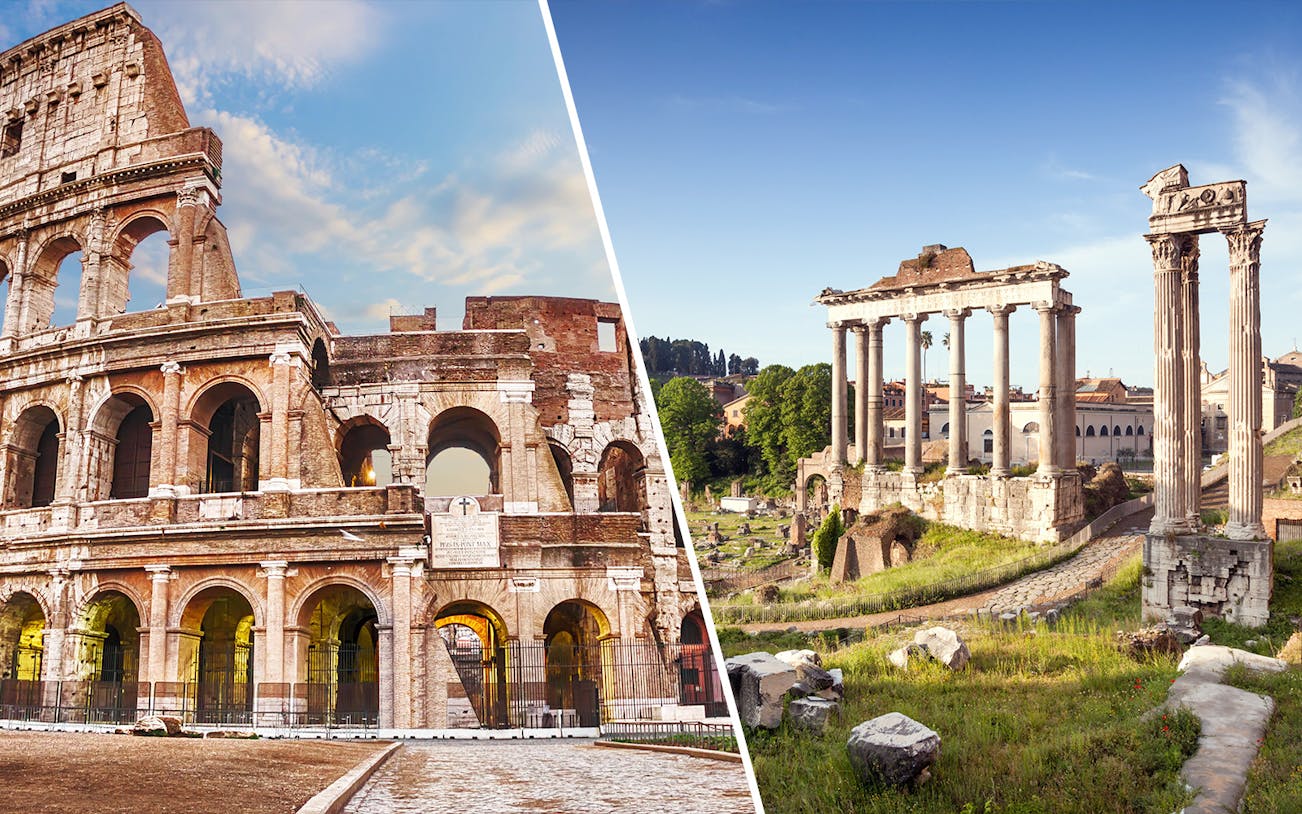 Colosseum and Roman Forum in Rome, part of City Sightseeing Hop-On-Hop-Off Tour.